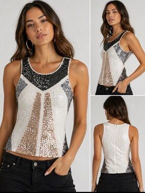 bebe Y2K Sequin Tank Top Women's XS Glam Party Clubwear Metallic Geometric